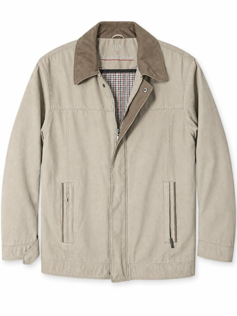 Stanley Black & Decker Tan Work Jacket Plaid Lining Snap Placket